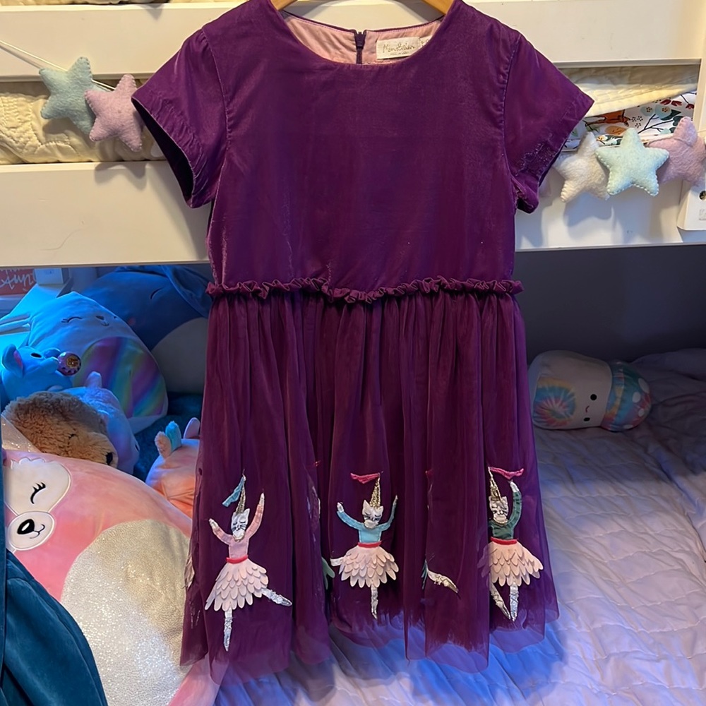 Mini Boden purples Applique Velvet Tulle Dress  with ballerinas size9-10 year